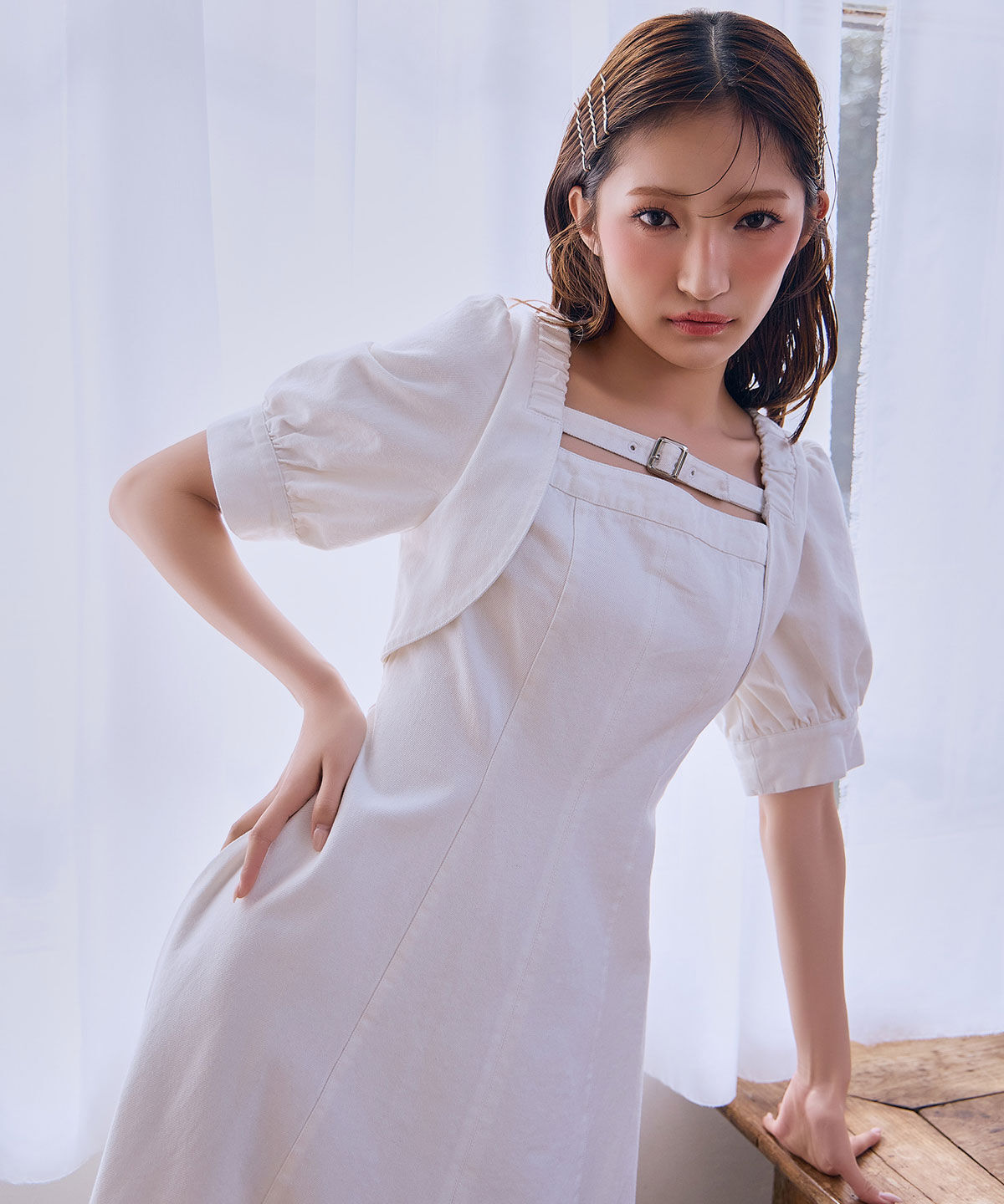 REDYAZEL「デコルテベルトデニムフレアロングワンピース」|ワンピース|