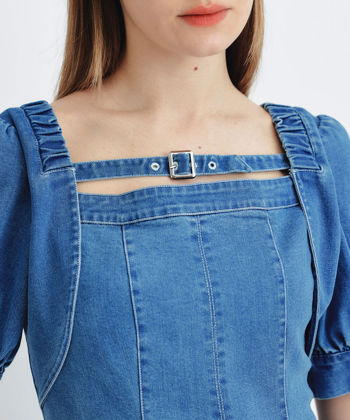 REDYAZEL「デコルテベルトデニムフレアロングワンピース」|ワンピース|