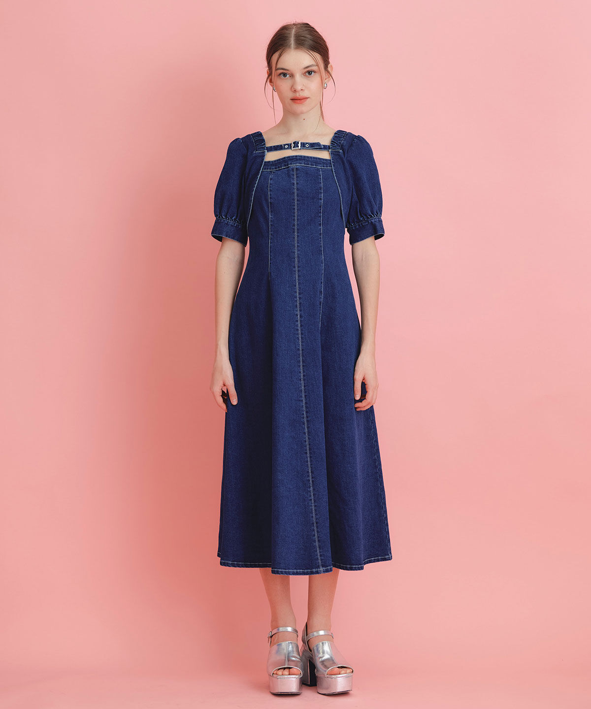 REDYAZEL「デコルテベルトデニムフレアロングワンピース」|ワンピース|