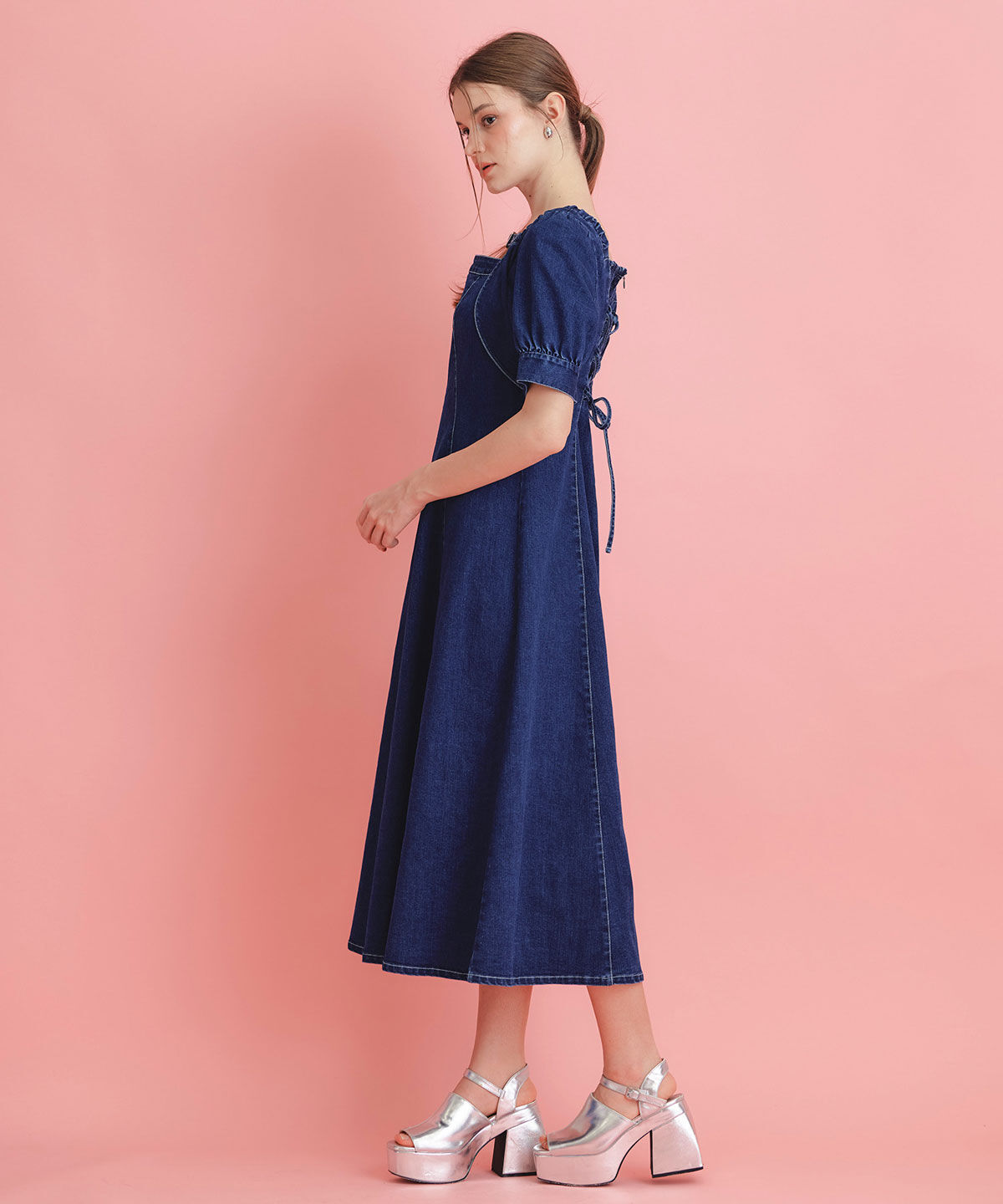 REDYAZEL「デコルテベルトデニムフレアロングワンピース」|ワンピース|
