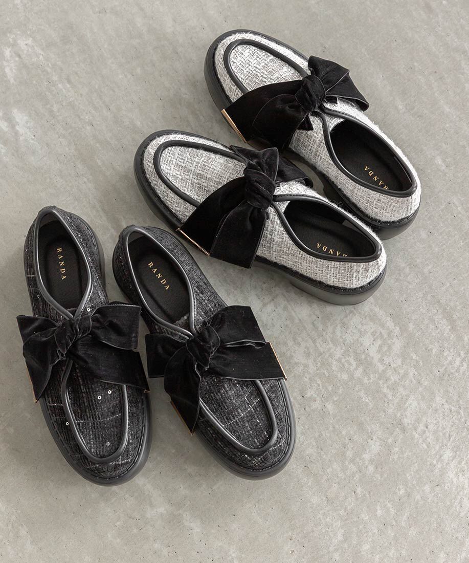  「ベロアリボンボリュームソールシューズ」|ローファー|