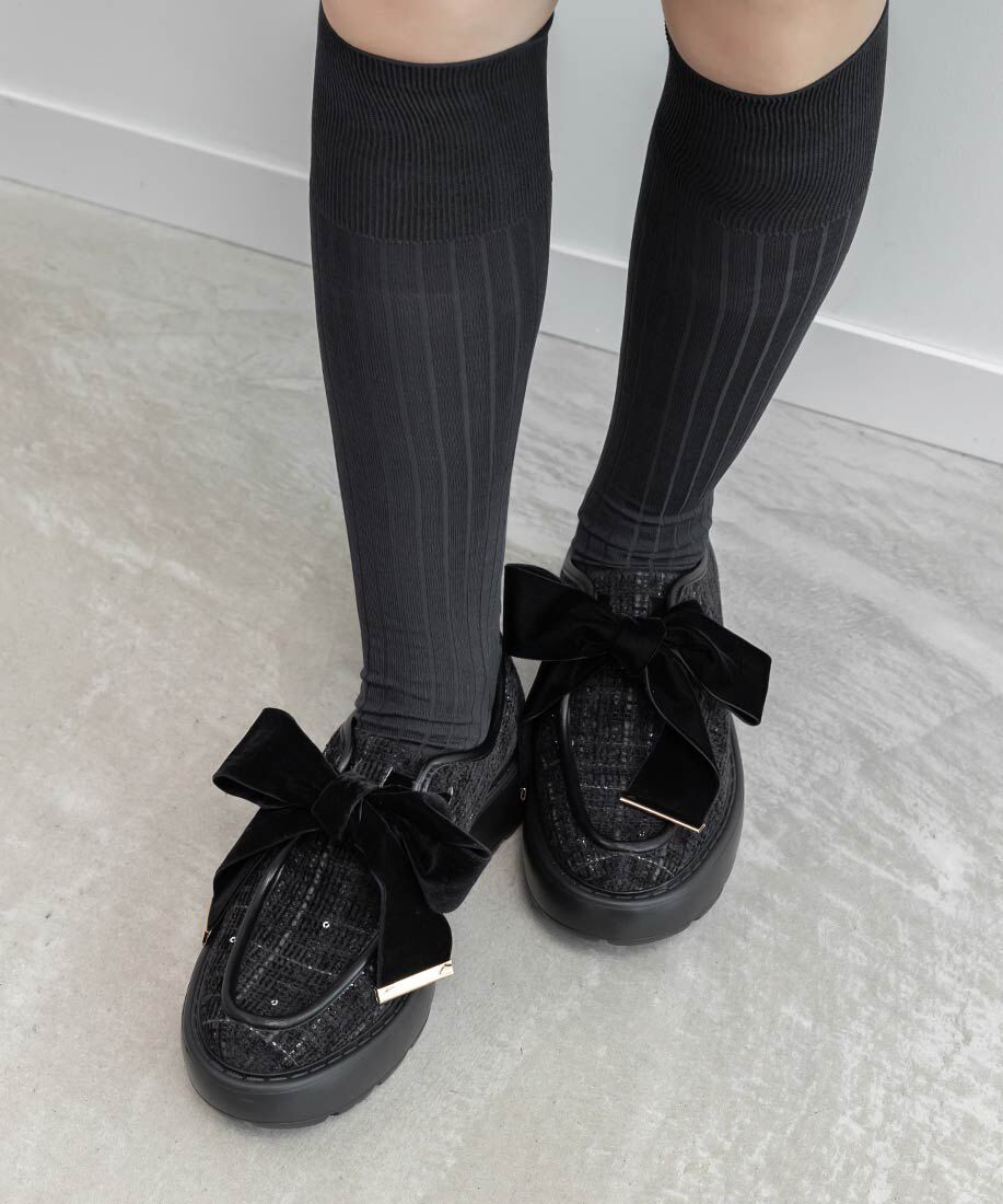  「ベロアリボンボリュームソールシューズ」|ローファー|