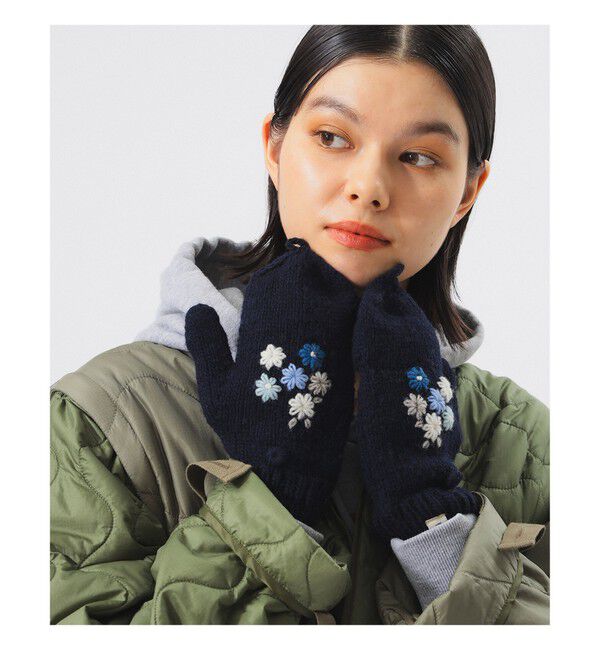 BEAMSBOY「手編み フラワー刺繍 ミトン」|手袋|NAVY