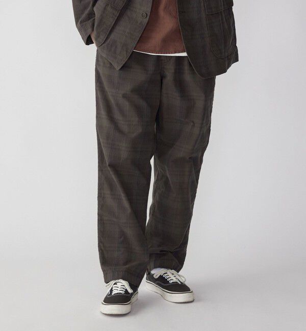 SHIPS「SHIPS: 〈セットアップ対応〉ダークトーン チェック コットン イージー トラウザー」|チノ|オリーブ