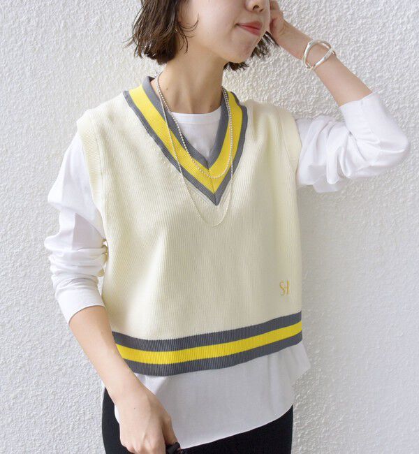 SHIPS for women「〈手洗い可能〉刺繍 チルデン ショート ベスト」|ベスト・ジレ|オフホワイト