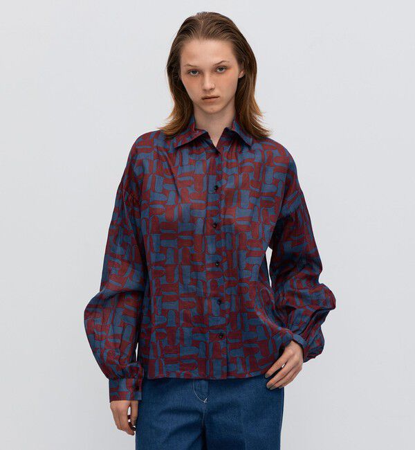 BACCA「コットンオーガンジープリント ギャザースリーブシャツ」|シャツ・ブラウス|