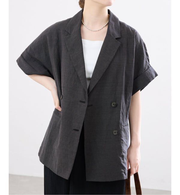 IENA「《予約》ウォッシャブル リネン混Wハーフジャケット」|テーラードジャケット|ブラック