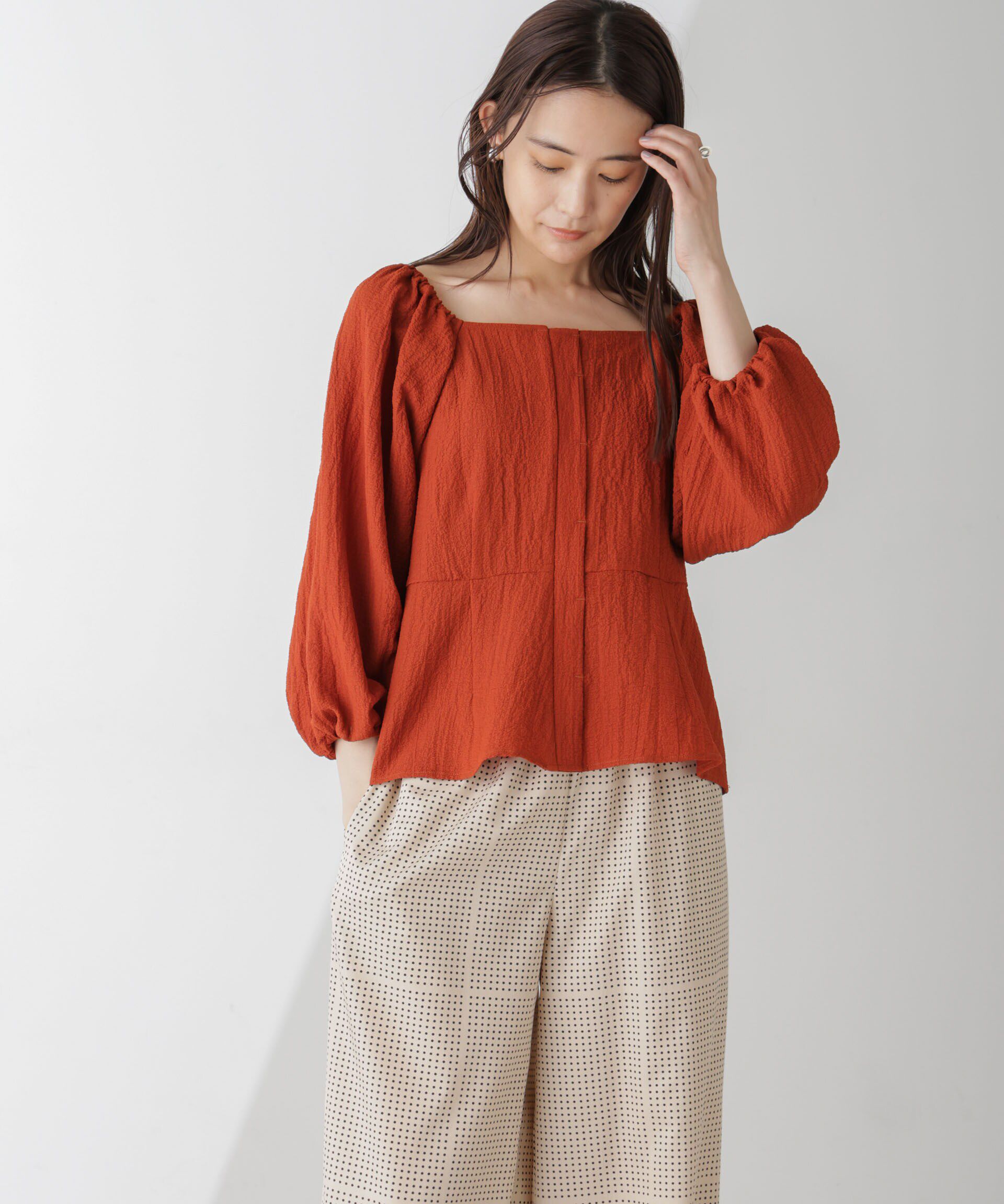 nano･universe「スクエアネックシアーサッカーブラウス」|シャツ・ブラウス|