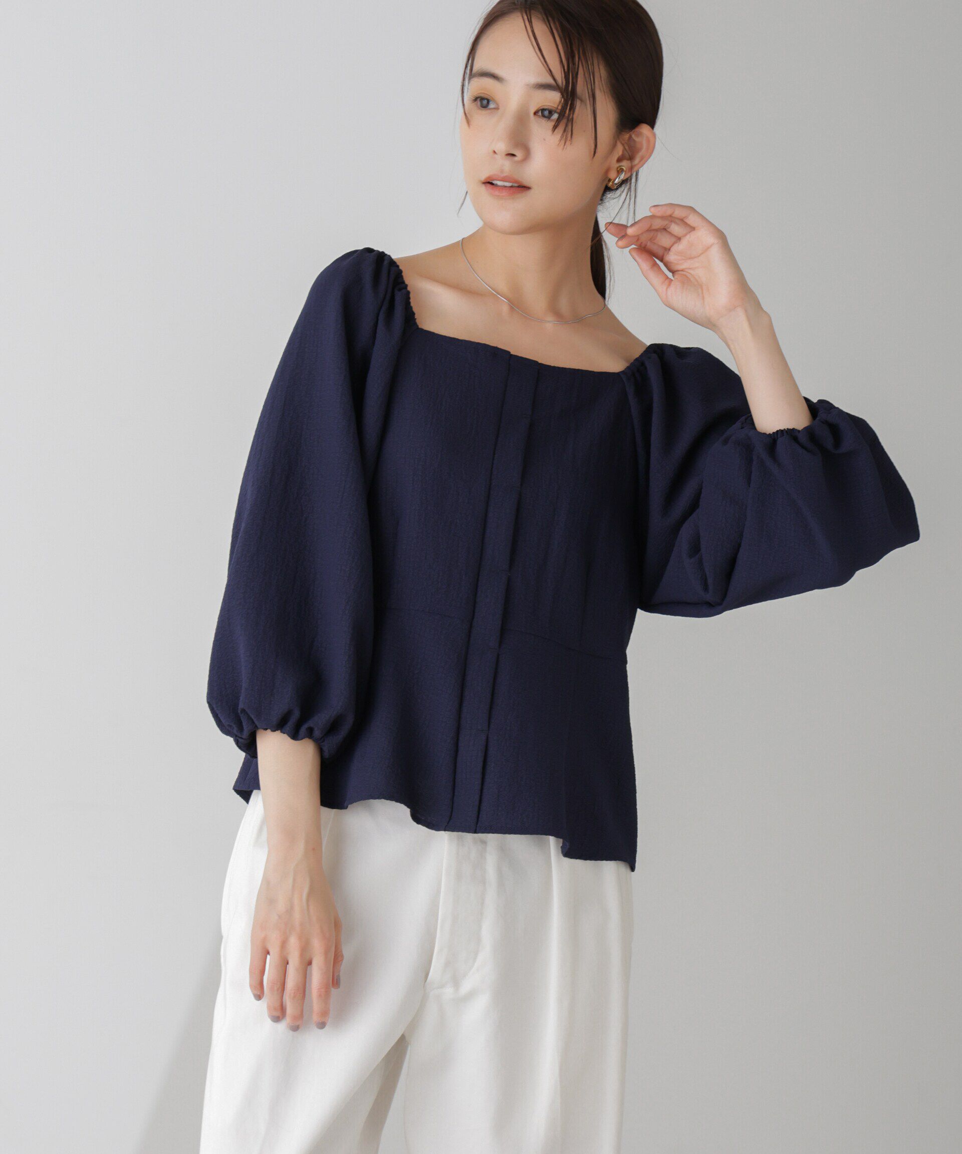 nano･universe「スクエアネックシアーサッカーブラウス」|シャツ・ブラウス|ネイビー