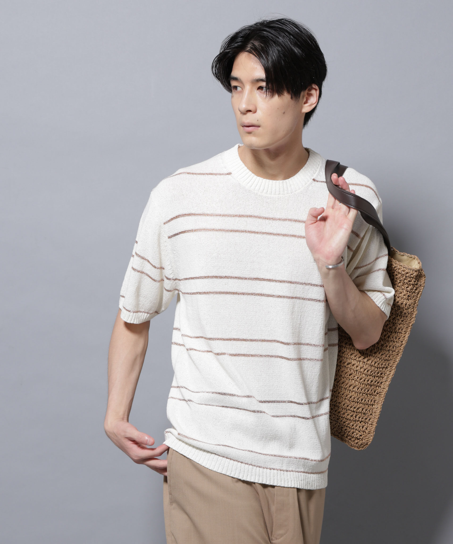 nano･universe「ブークレーラメボーダー ニットTシャツ」|ニット・セーター|ホワイト