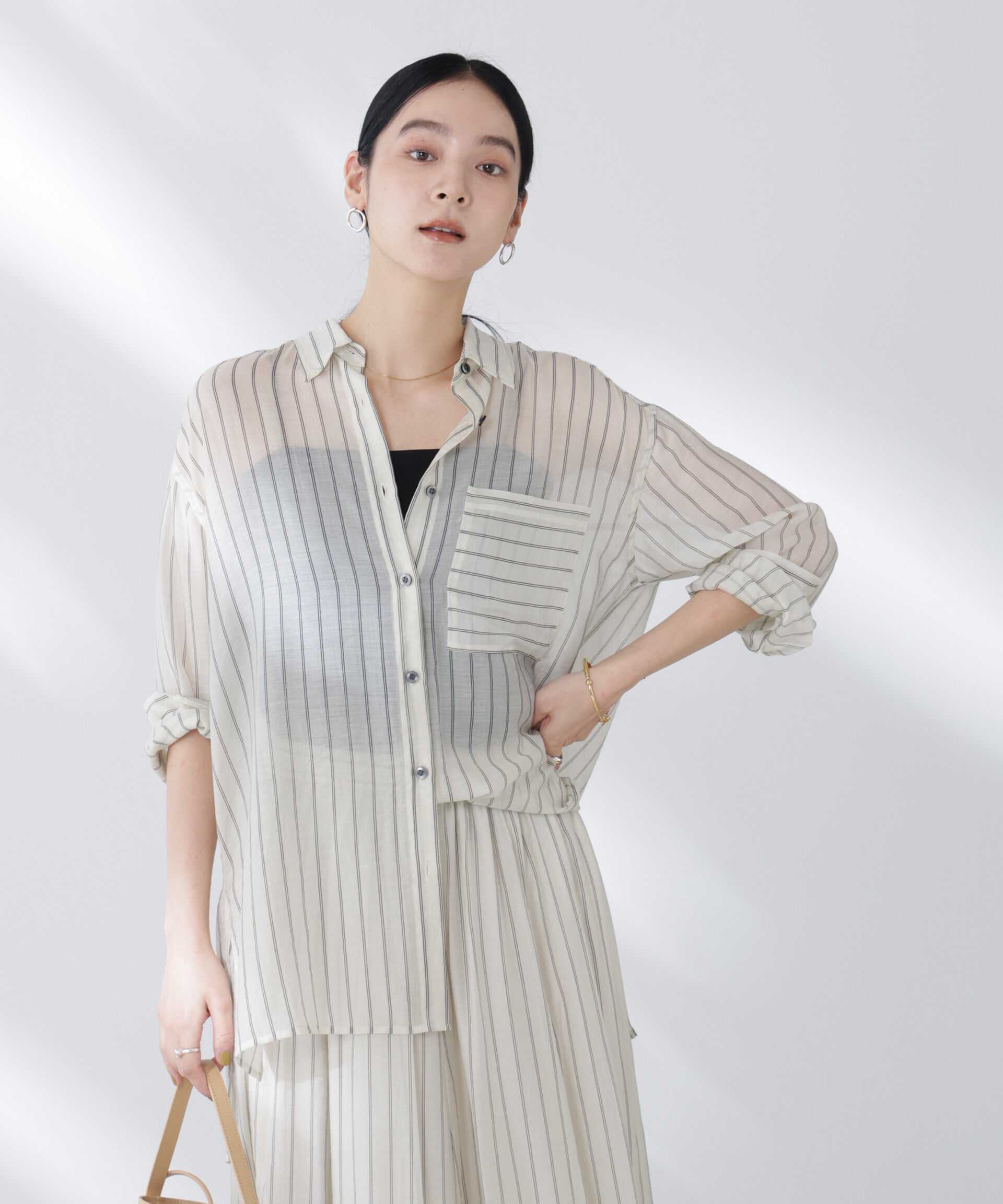 nano･universe「シアーストライプオーバーサイズロングシャツ(セットアップ可)」|シャツ・ブラウス|