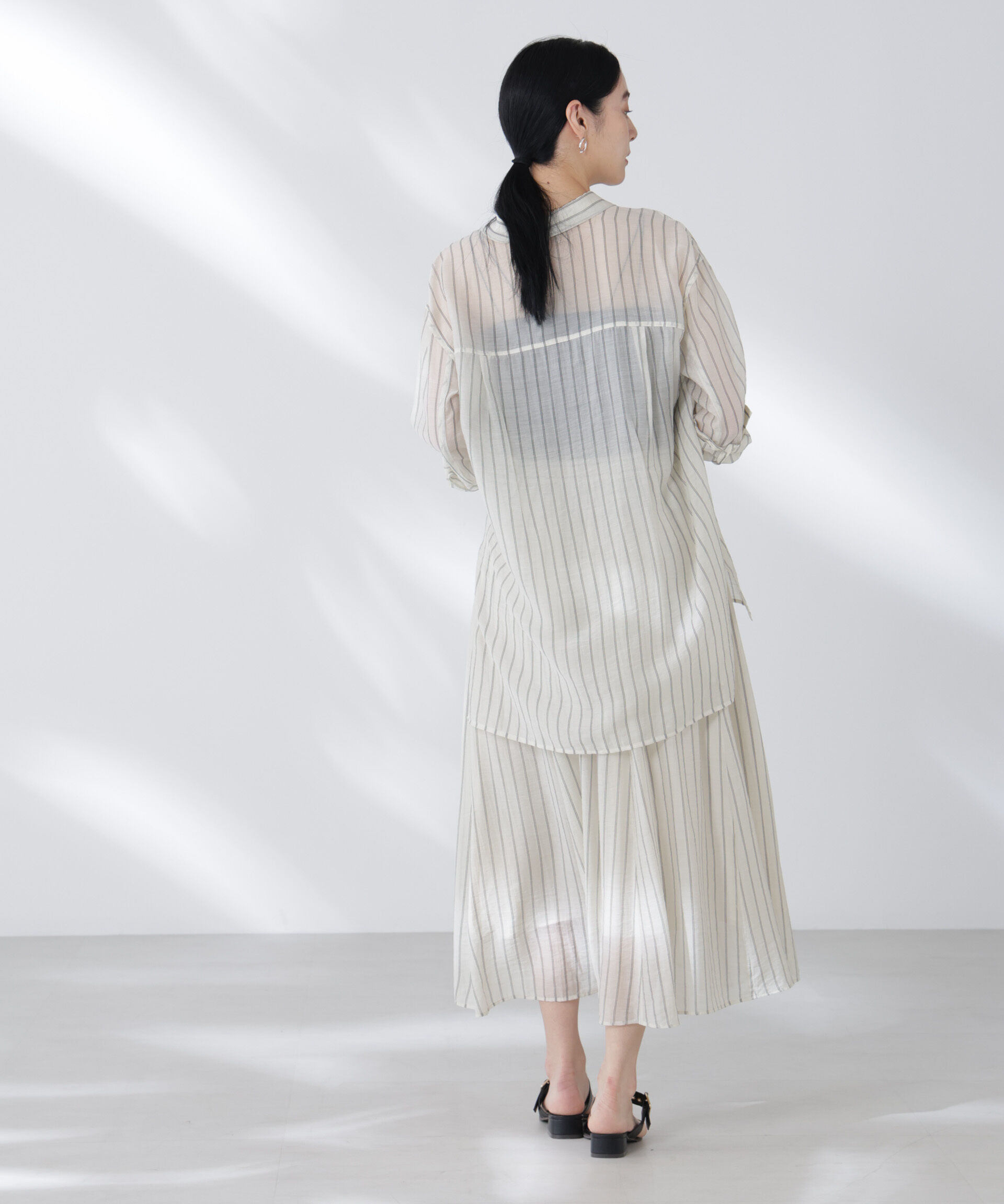 nano･universe「シアーストライプオーバーサイズロングシャツ(セットアップ可)」|シャツ・ブラウス|