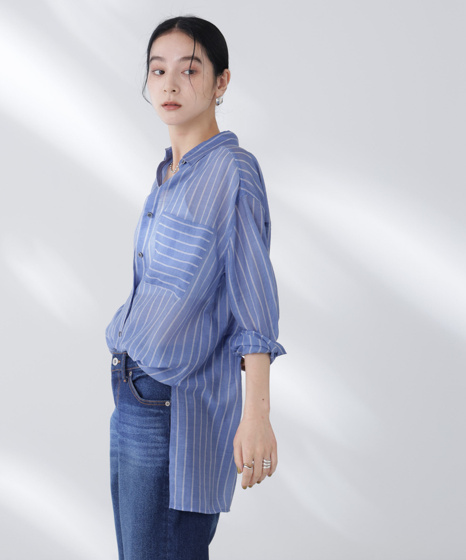 nano･universe「シアーストライプオーバーサイズロングシャツ(セットアップ可)」|シャツ・ブラウス|