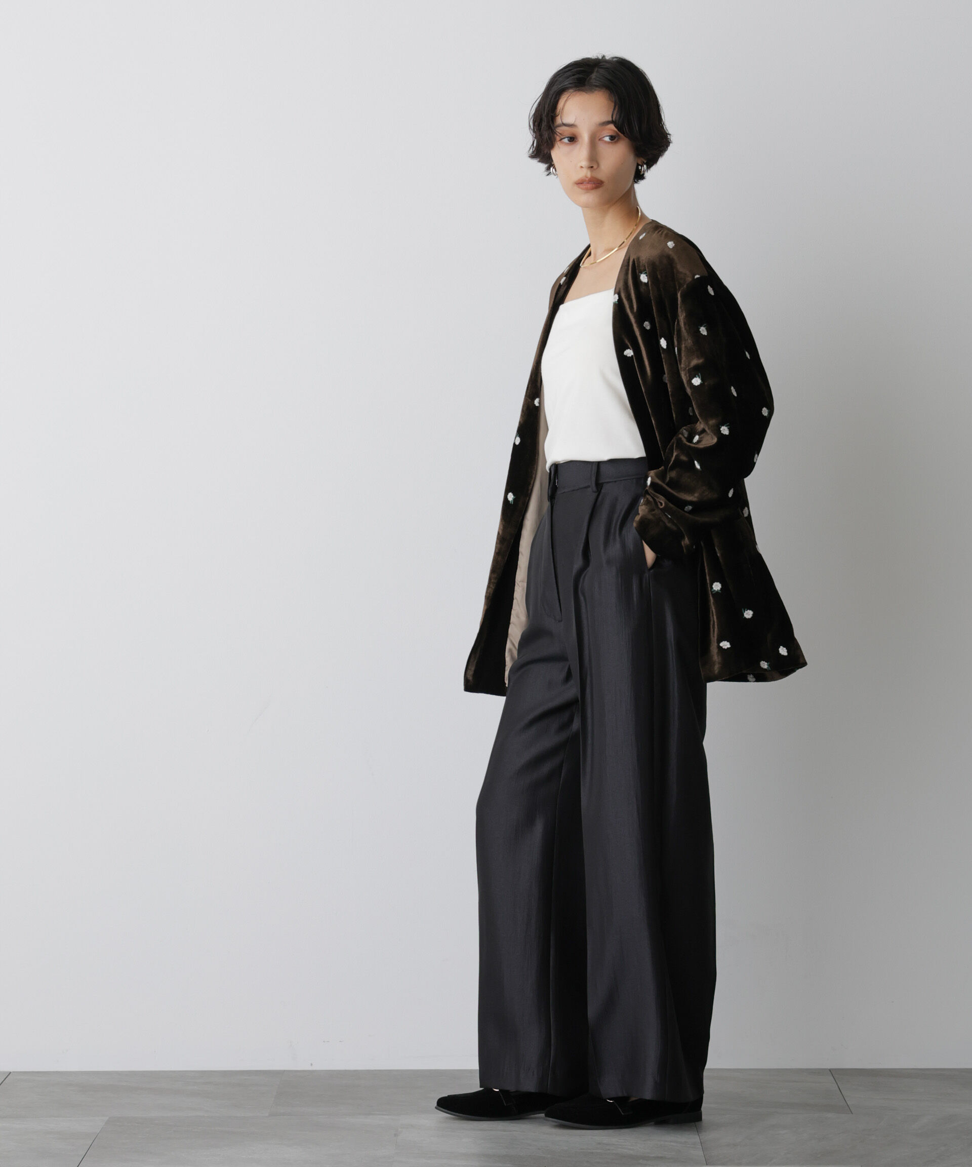 nano･universe「「STEVELOUR」サテンタックワイドパンツ(セットアップ可)」|チノ|