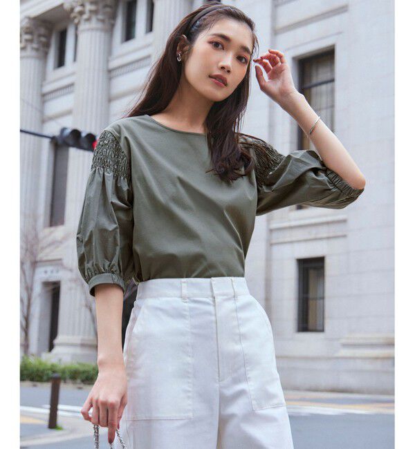 23区「【汗じみ防止/洗える】ギャザーディテール カットソー」|Tシャツ・カットソー|カーキ系