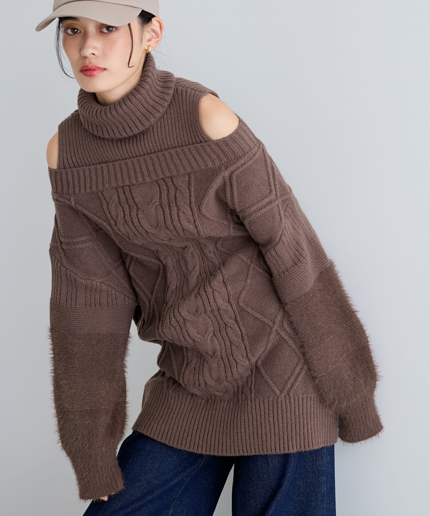 VIS「【洗える】オフショルケーブル編みミニワンピース」|ワンピース|