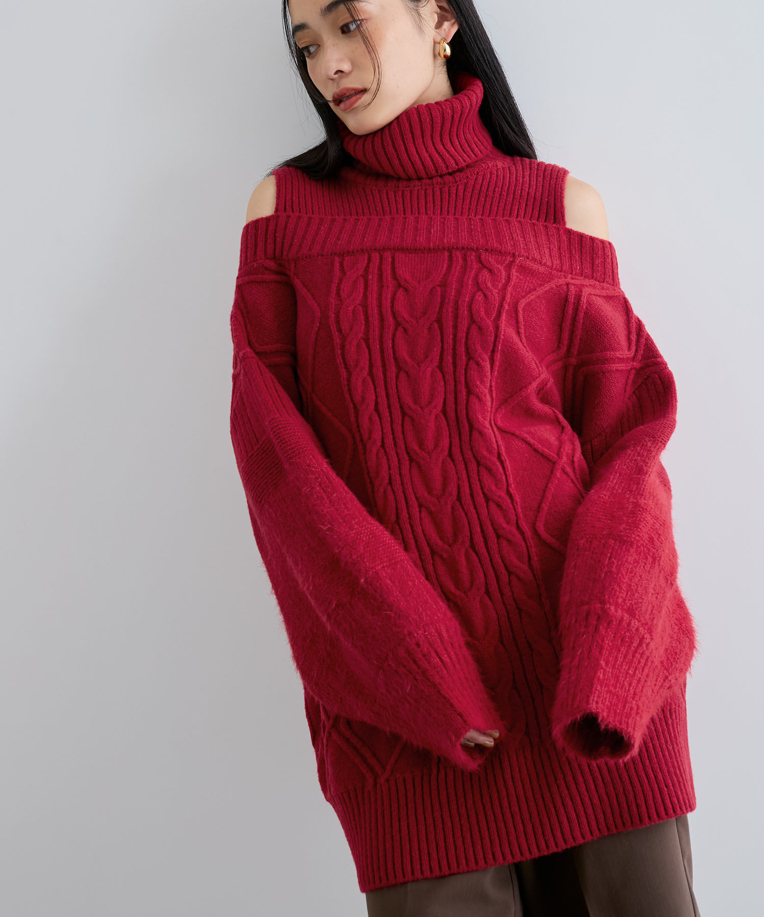 VIS「【洗える】オフショルケーブル編みミニワンピース」|ワンピース|