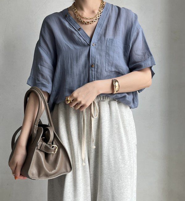  「リヨセルリネン半袖VVシャツ」|シャツ・ブラウス|ブルー