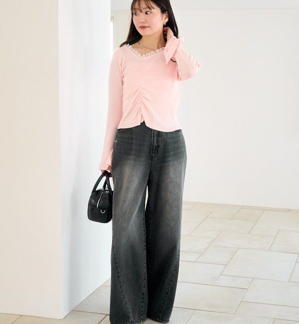  「【2サイズ展開/低身長サイズ/ウエスト調節可】カーブステッチデニム」|デニム|