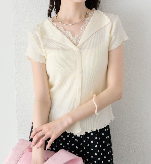  「レースドッキング半袖ニットカーディガン」|カーディガン|オフホワイト