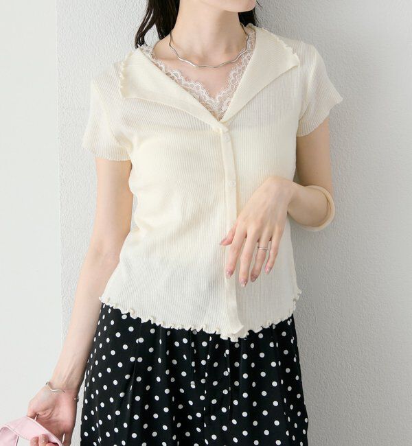  「レースドッキング半袖ニットカーディガン」|カーディガン|