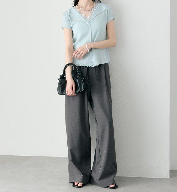  「レースドッキング半袖ニットカーディガン」|カーディガン|