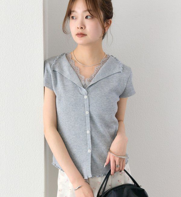  「レースドッキング半袖ニットカーディガン」|カーディガン|