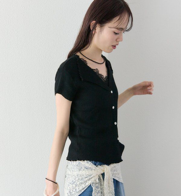  「レースドッキング半袖ニットカーディガン」|カーディガン|