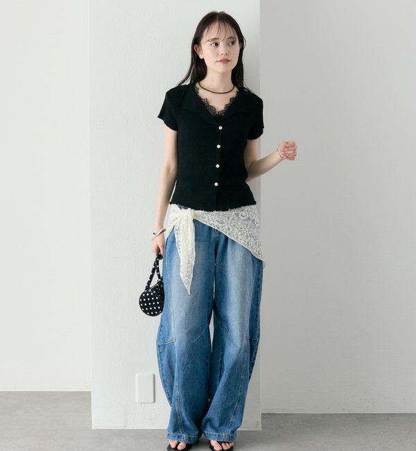  「レースドッキング半袖ニットカーディガン」|カーディガン|