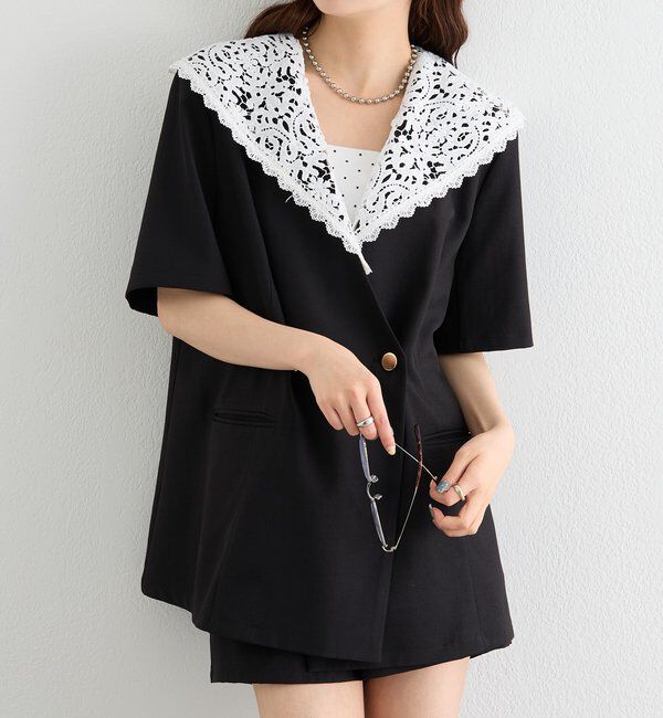 「レース付け襟半袖ジャケット」|テーラードジャケット|