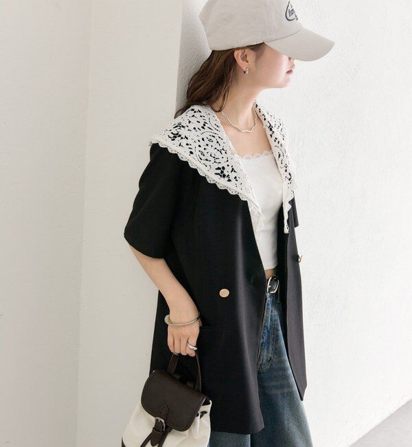  「レース付け襟半袖ジャケット」|テーラードジャケット|