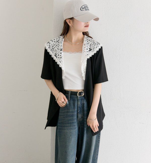  「レース付け襟半袖ジャケット」|テーラードジャケット|