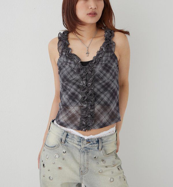  「センターフリルキャミ(チェック柄/ドット柄)」|キャミソール|