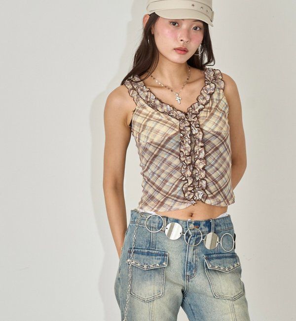  「センターフリルキャミ(チェック柄/ドット柄)」|キャミソール|