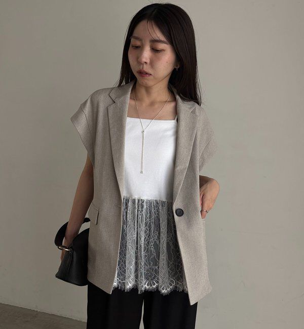  「【防シワ/手洗い可/伸縮性◎】〈C.L〉リネンタッチハーフスリーブジャケット」|ベスト・ジレ|