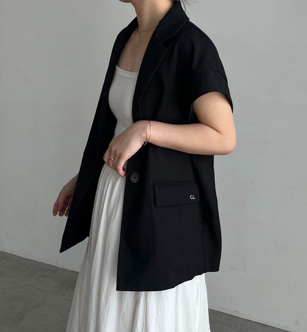  「【防シワ/手洗い可/伸縮性◎】〈C.L〉リネンタッチハーフスリーブジャケット」|ベスト・ジレ|ブラック