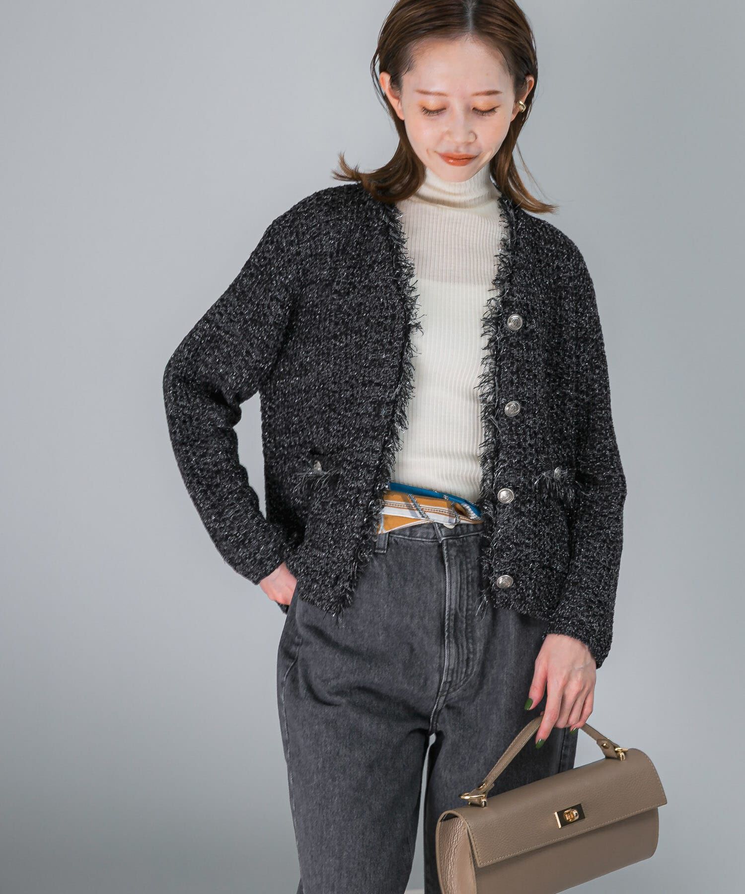 URBAN RESEARCH ROSSO「ツイードVネックカーディガン」|カーディガン|ブラック