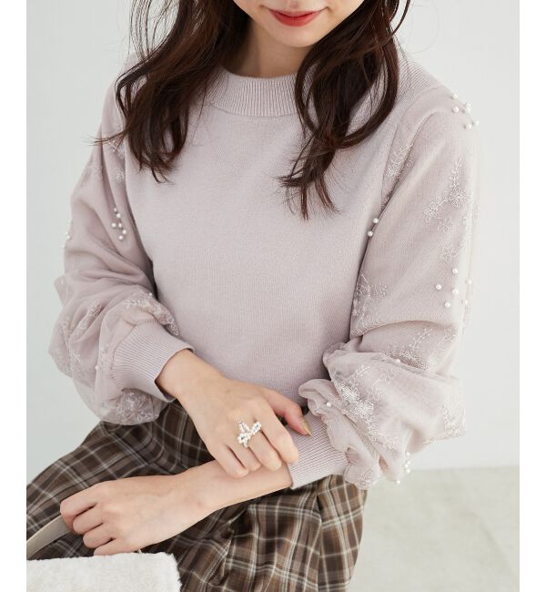  「パールチュールスリーブニット」|ニット・セーター|ピンク