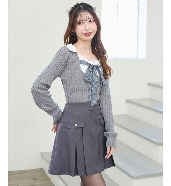  「◎チェックリボンレイヤードライクニット」|ニット・セーター|