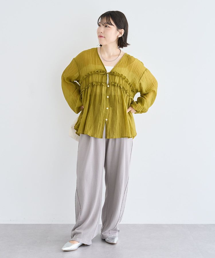 Green Parks「Vネックフリルシアープリーツブラウス」|シャツ・ブラウス|