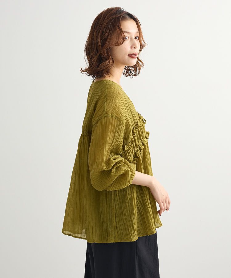 Green Parks「Vネックフリルシアープリーツブラウス」|シャツ・ブラウス|