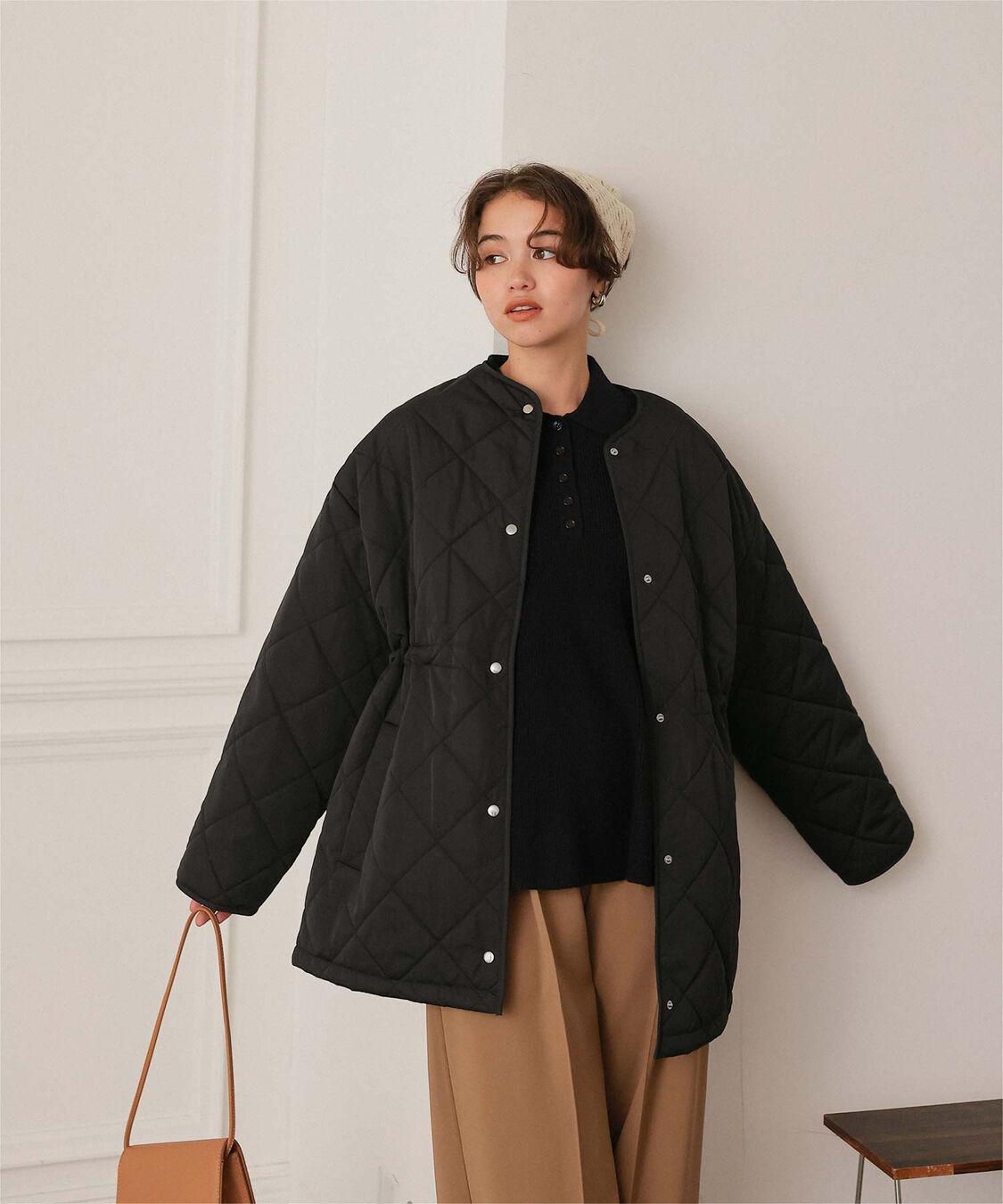 titivate「ウエストドローストリングキルティングジャケット」|ノーカラージャケット|