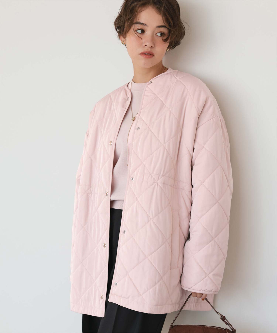 titivate「ウエストドローストリングキルティングジャケット」|ノーカラージャケット|ライトピンク