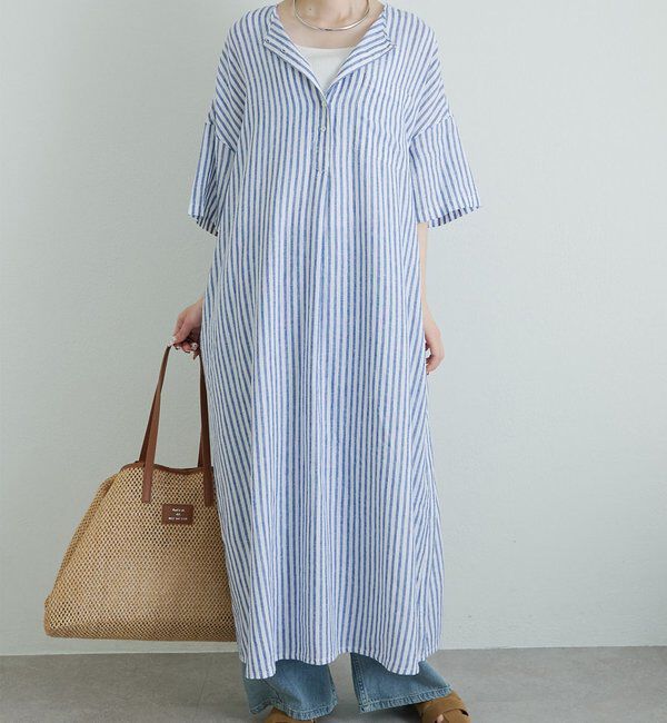  「麻レーヨンストライプヘンリーネックワンピース」|ワンピース|ブルー系その他