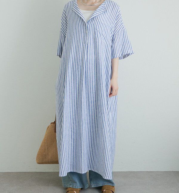  「麻レーヨンストライプヘンリーネックワンピース」|ワンピース|