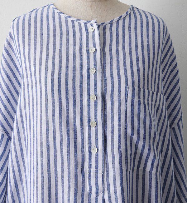  「麻レーヨンストライプヘンリーネックワンピース」|ワンピース|