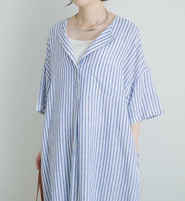  「麻レーヨンストライプヘンリーネックワンピース」|ワンピース|