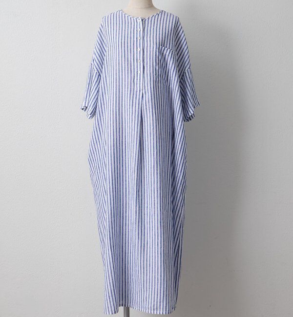  「麻レーヨンストライプヘンリーネックワンピース」|ワンピース|