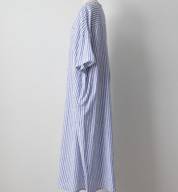  「麻レーヨンストライプヘンリーネックワンピース」|ワンピース|