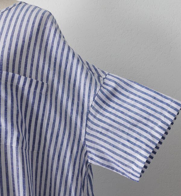  「麻レーヨンストライプヘンリーネックワンピース」|ワンピース|